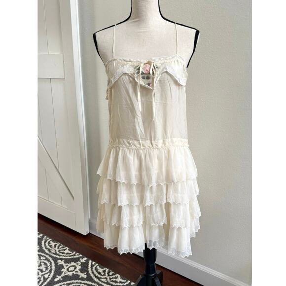 LoveShackFancy NWT Myrna Tiered Mini Antique Ivory Silk Slip Dress size Large - Picture 4 of 15